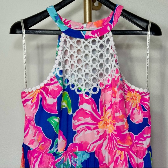 Lilly Pulitzer Kinley Pink Blue Halter Sleeveless Eyelet Fit & Flare Sundress - Picture 4 of 14